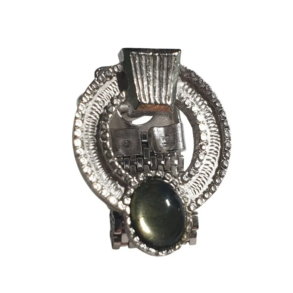 Vintage Cuff Links Mens Green Stone Silver Tone Metal Retro Design Jewelry Pair